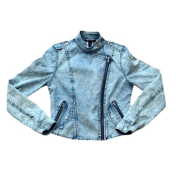Forever 21 Los Angeles Light Acid Wash Biker Denim Jacket Women’s Size Small - Picture 1 of 10